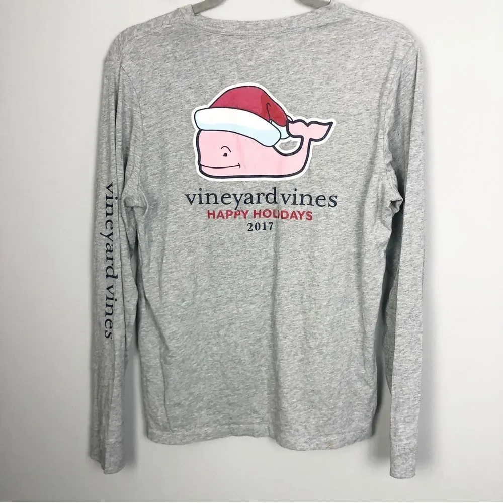 VINEYARD VINES | Happy Holidays 2017 Gray Long Sleeve Santa Tee Youth Size XL 18